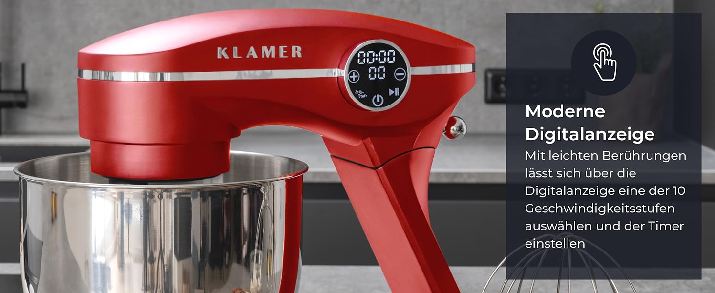 Кухонна машина KRAMER 1800W з чашею з нержавіючої сталі 6 л, 10 швидкостей з таймером, планетарний міксер, гак для тіста, вінчик, міксер, кришка (червона), преміум-якість