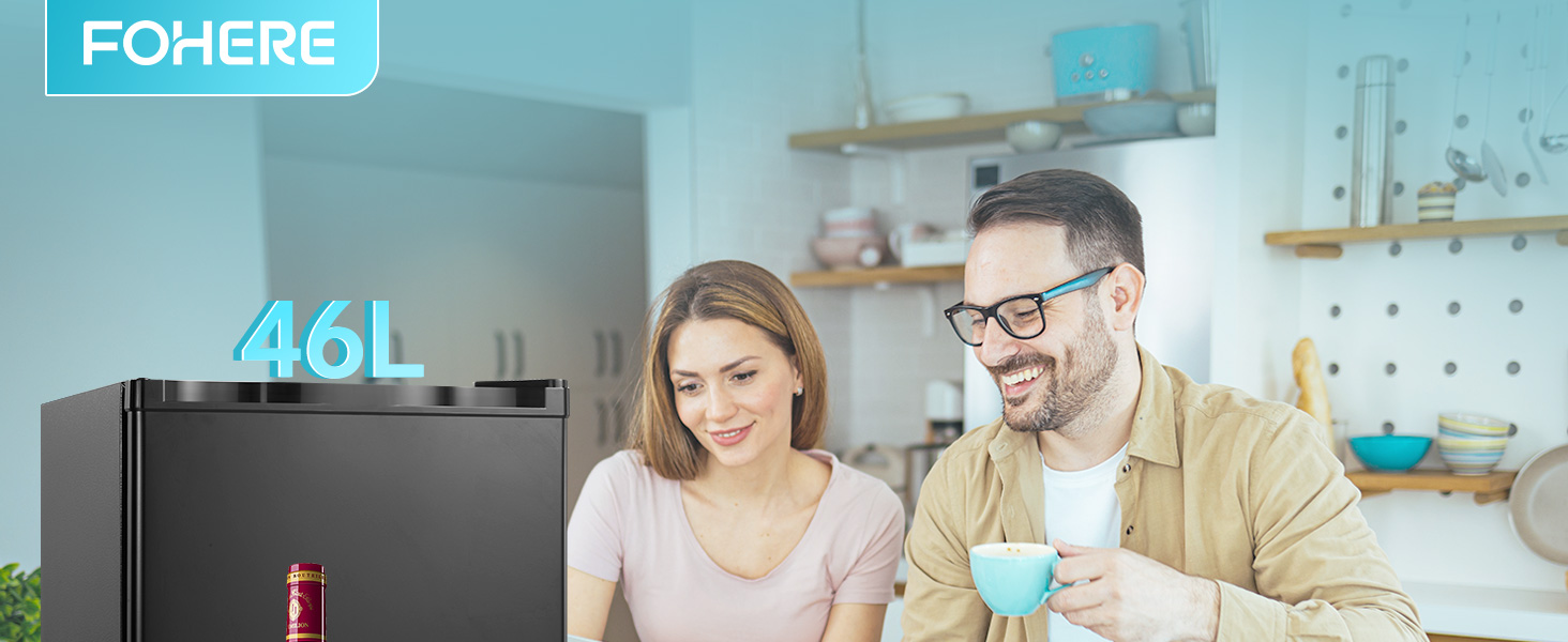 Міні-холодильник FOHERE 46L з відділенням для льоду | Компактний холодильник | Регулювання температури, енергозбереження, тиха робота | Холодильник для напоїв ідеально підходить для офісу, кемпінгу та геймінгу | Змінний бік відкривання дверцят | Чорний