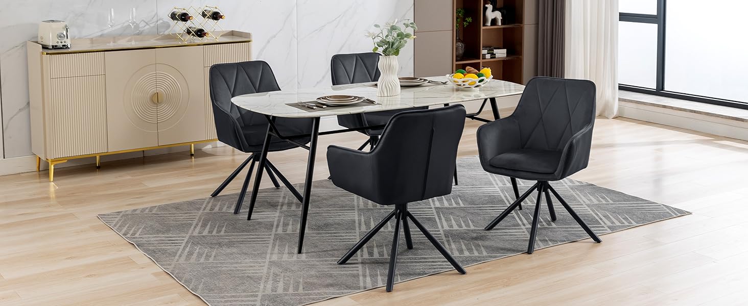 Обідні стільці Lestarain, поворотні, для кухні, спальні, вітальні, комплект з 4 шт. М'які, з підлокітниками та спинкою, на металевих ніжках, оксамит, чорний колір