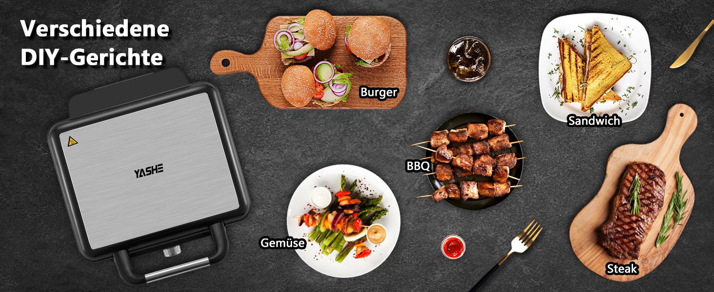 Контактний гриль YASHE, 4 пластини для сендвічів, антипригарне покриття, 1800W, регулювання температури, індикатор, відкривання 180°, знімна підставка для збору жиру, чорний