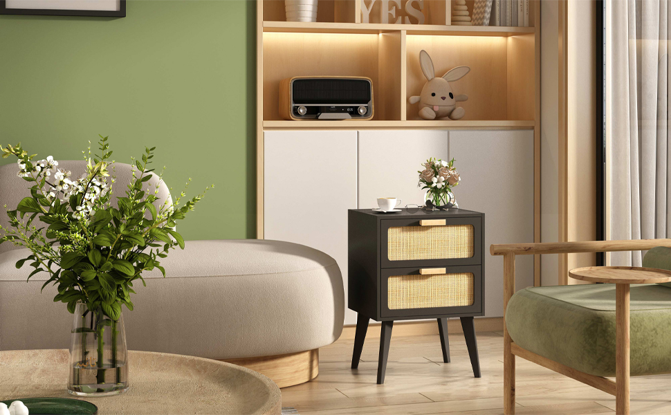 Журнальний столик з ротангу, чорний колір, з 2 висувними ящиками, стиль бохо, для вітальні та спальні