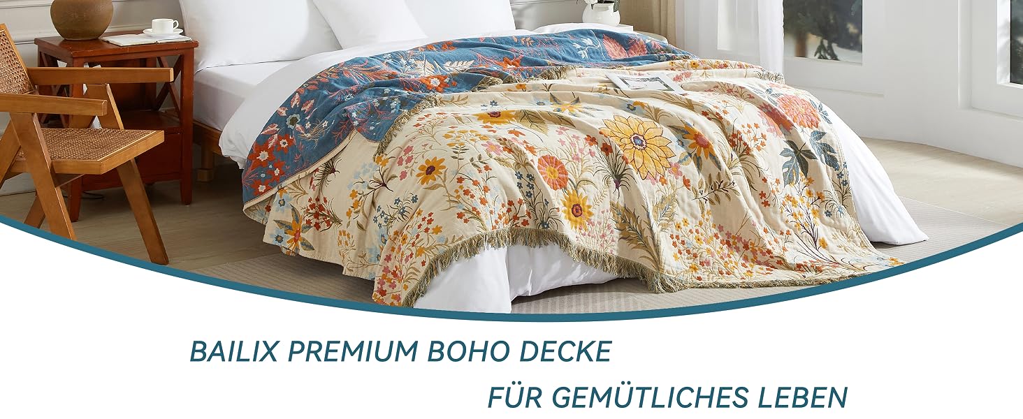 Покривало Bailix Premium Boho з 100% бавовни, двостороння муслінова ковдра з бахромою 150x200 см, декоративний плед для дивана та ліжка, синій/бежевий, принт Blumengarten