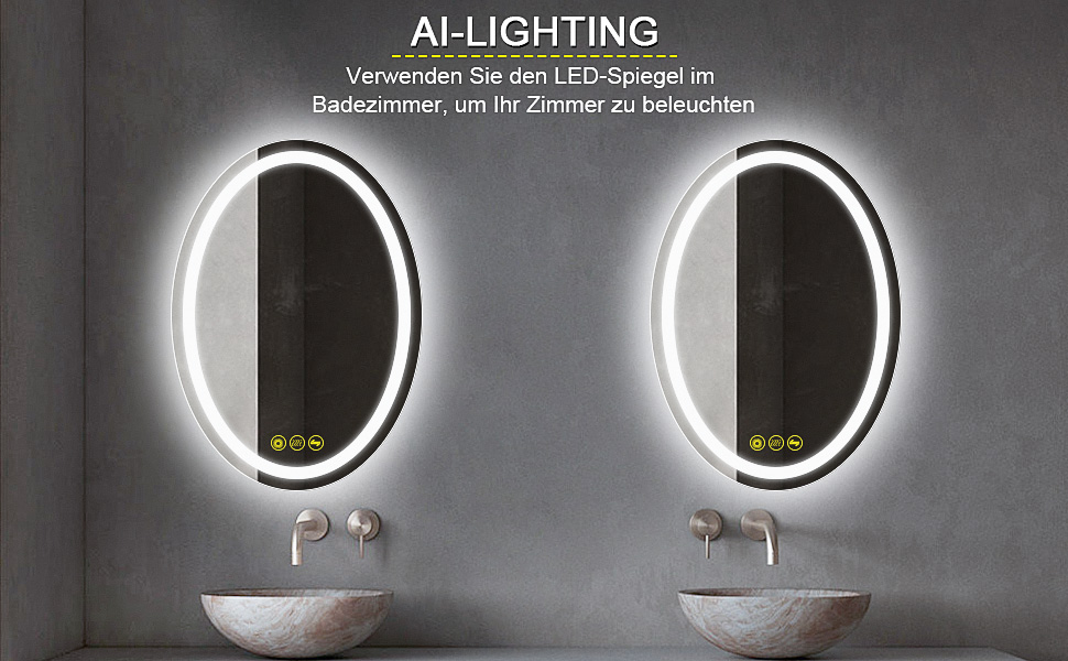 Дзеркало для ванної кімнати Badspiegel Oval з підсвічуванням 50 x 70 см, сенсорне управління, регулювання яскравості, 3 кольори світла, антизапарник, для ванної кімнати, 3000K-6400k