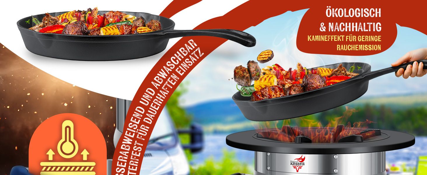 Печь-ракета KESSER® з чавунною сковородою-грилем | з щипцями та сумкою | Dutch Oven з 6 шипами | Дров'яна піч-ракета для BBQ | Кухоль для кемпінгу, відпочинку на природі, грилю | Нержавіюча сталь, чорний/сріблястий