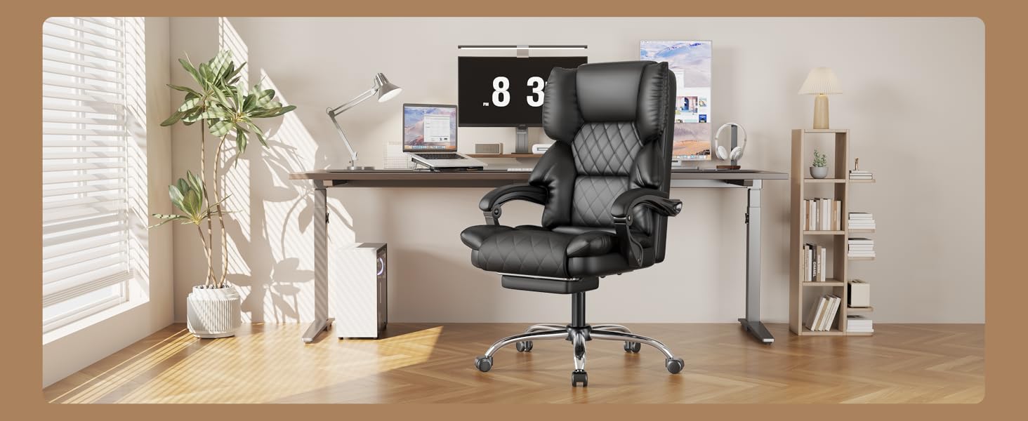 Офісний крісло-шезлонг для кухні від NaspaLuro з підніжкою, чорного кольору. Ергономічний комп'ютерний стілець з PU шкіри, м'якими підлокітниками та регульованою спинкою. Регульована висота, поворотний механізм. Без підігріву.