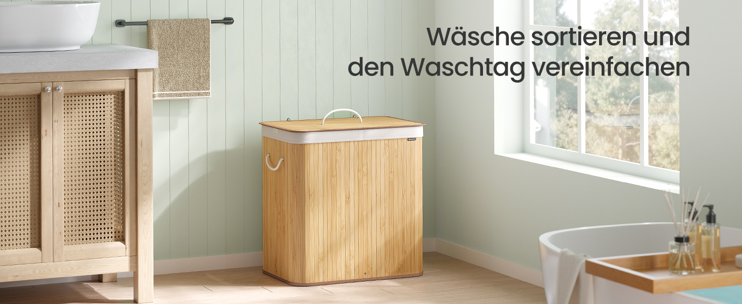 Кошик для білизни SONGMICS з кришкою, 2 відділення, 120 літрів, бамбук, складний, знімний мішок для прання, з ручками, для ванної кімнати, спальні, натуральний колір