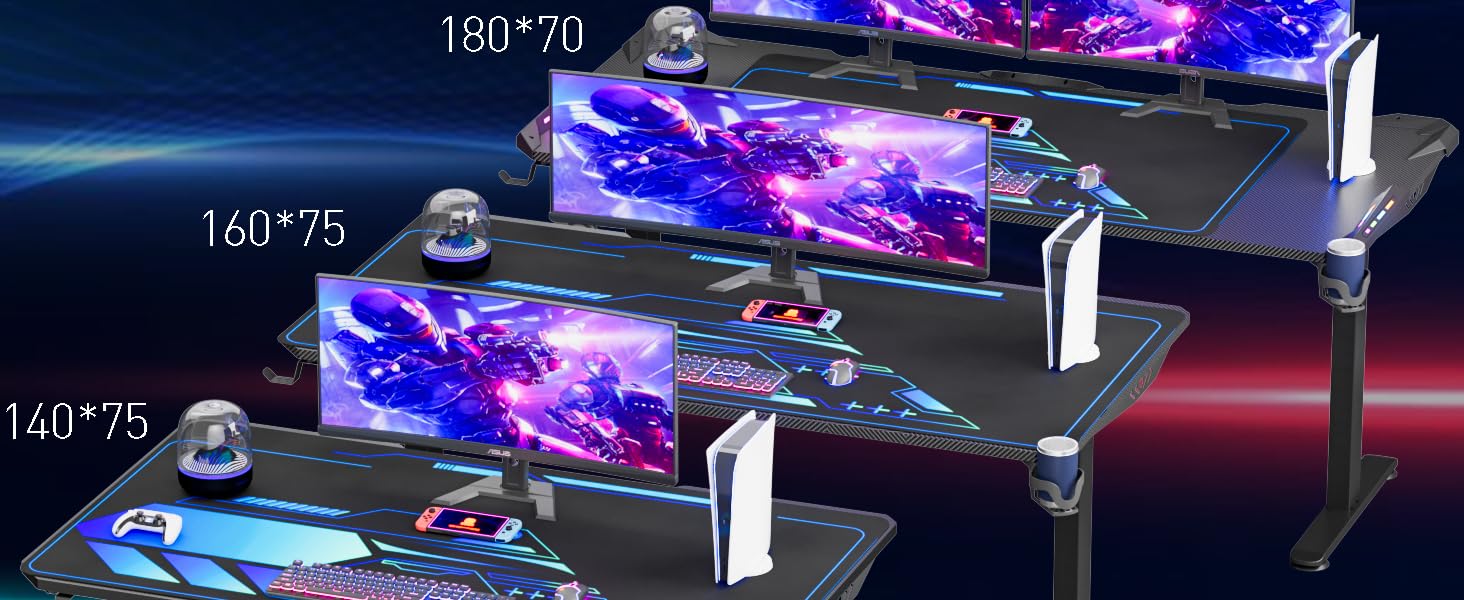 Ігровий стіл Himimi 160x70 см з LED підсвічуванням, стіл для ПК з карбоновою поверхнею, стіл геймера з органайзером для кабелів, тримачем для напоїв та гачком для навушників (Чорний)