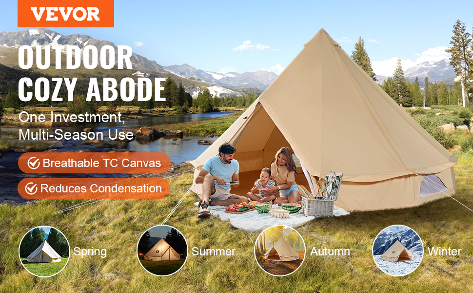 Намет-юрта VEVOR Glockenzelt 3-7м, бавовна TC, для 6-12 осіб, з PVC підлогою, ретро