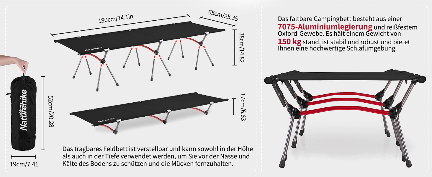 Польове ліжко Naturehike ультралегке складане, витримує до 150 кг, з регулюванням висоти, колір армійський зелений
