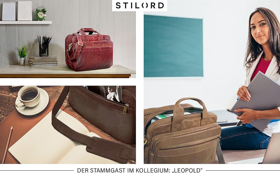 Шкіряна ділова сумка-портфель STILORD Leopold XL для вчителів та офісу, колір коньячний коричневий