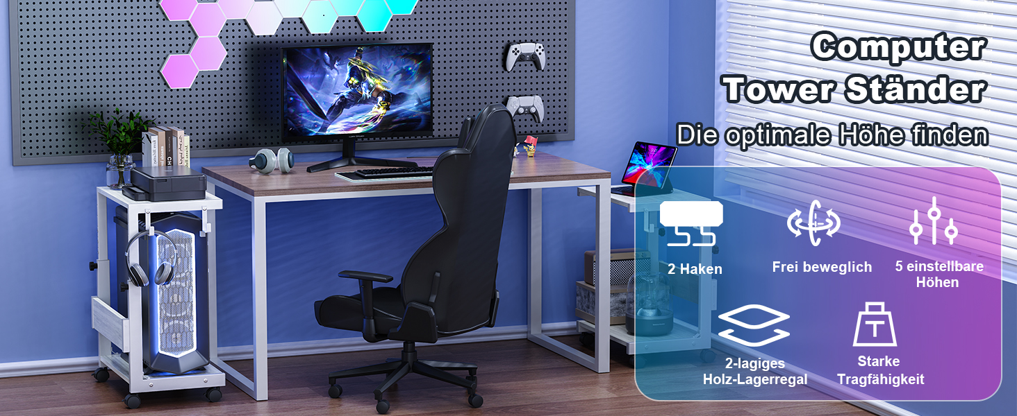 Регульована підставка для комп'ютерного блоку з 2 полицями та місцем для зберігання – для корпусів ATX, принтерів, з фіксуючими колесами (білий, W44 x D30 x H44-59.5см)