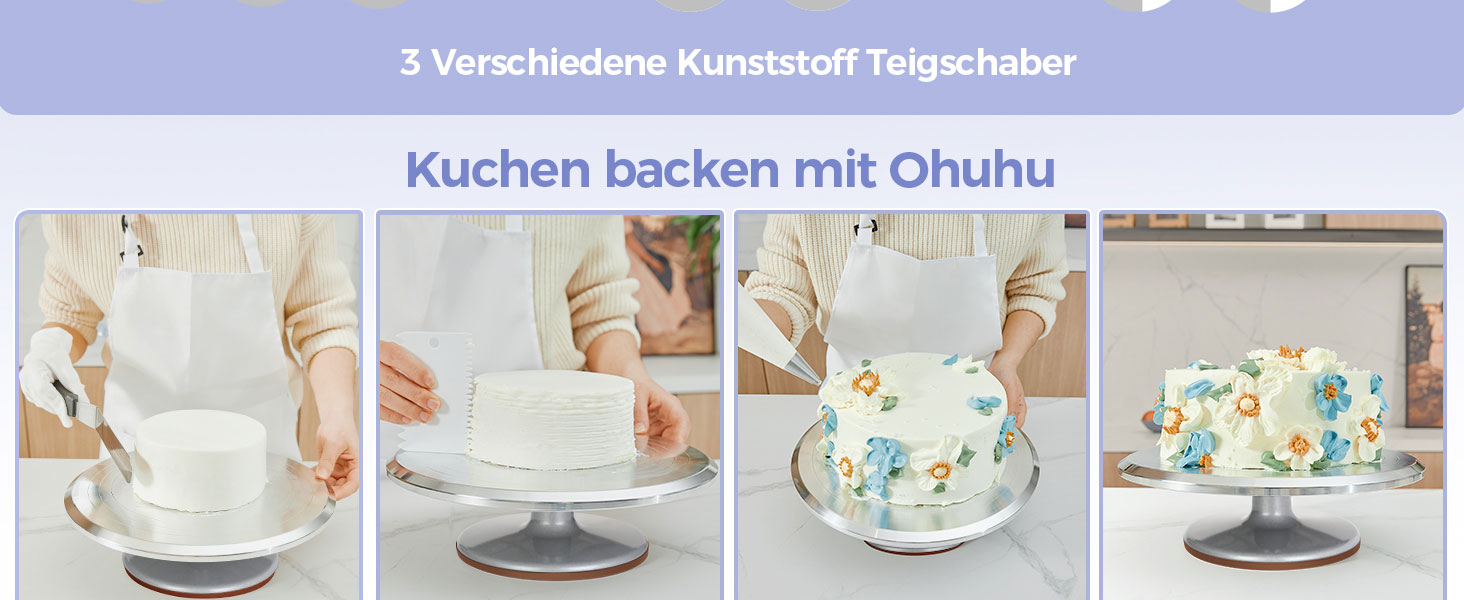 Ohuhu Поворотна платформа для тортів, 30 см, алюмінієвий сплав, з 2 шпателями та 3 скребками для декорування та випікання, подарунок для кондитерів, срібна