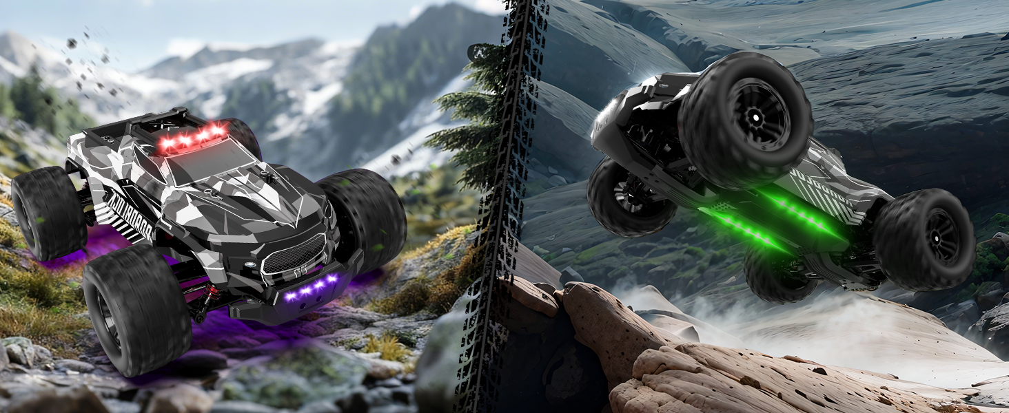 RC Автомобіль Monstertruck 1/14 4WD, 40 км/год, 2 батареї, 7 кольорів підсвічування, Водонепроникний, для дітей та дорослих, Чорний