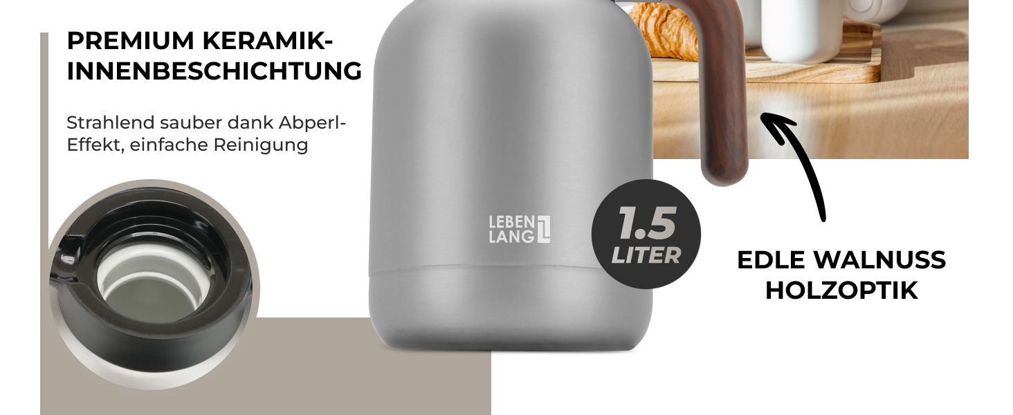 Термос LEBENLANG 1,5L з керамічним покриттям - з ситом для чаю | 24 години зберігає тепло | Термокана для кави та чаю | Сріблястий