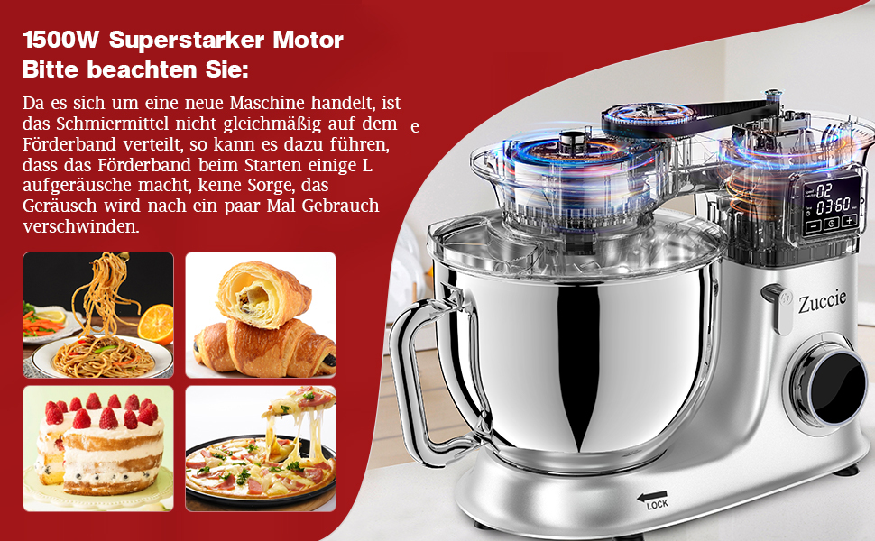 Кухонна машина 1500W 8L з 6 швидкостями, функцією ферментації та LCD-дисплеєм. Комплектується міксером, гаком для тіста та вінчиком (срібна)