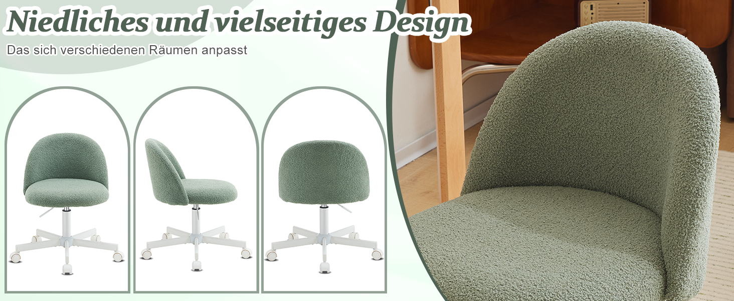 Офісне крісло Bonnlo з роликами, регульована висота, для робочого кабінету, спальні, home office, обшите тедді, білий (зелений)