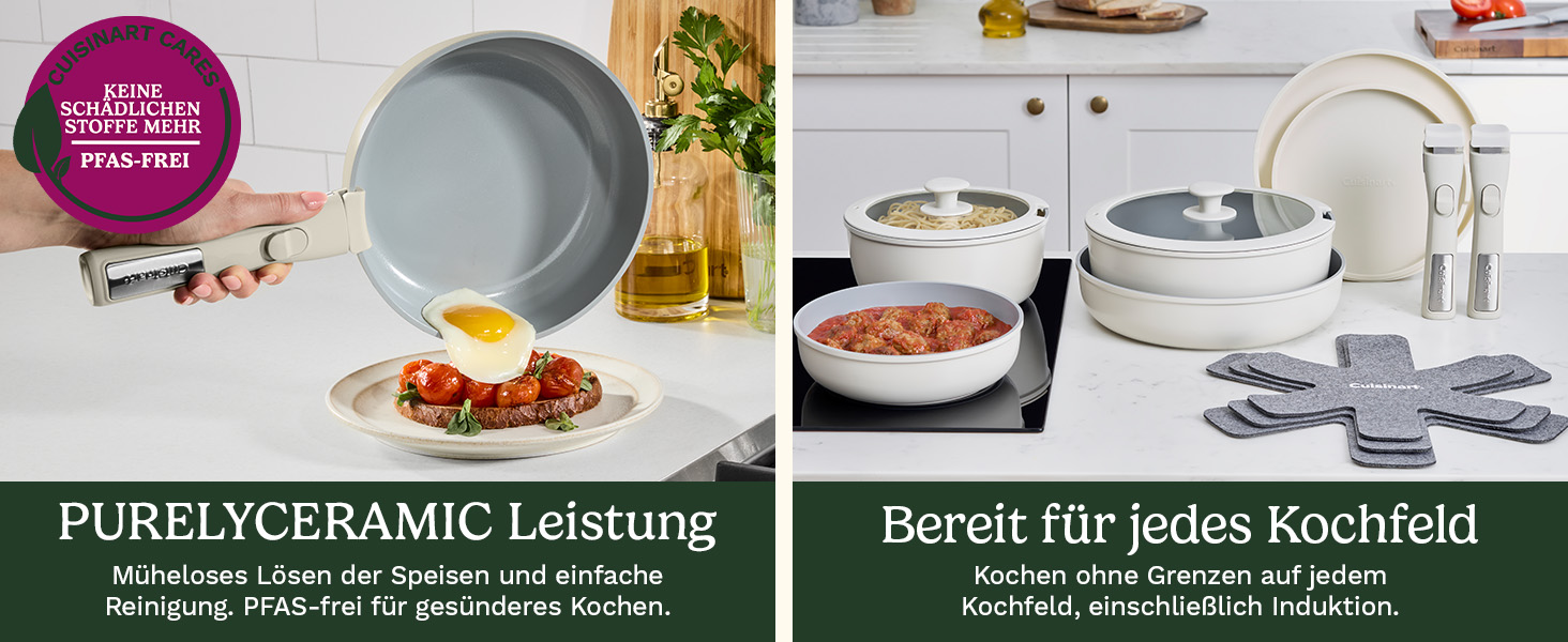 Набір посуду Cuisinart Ceramica XT 11 предметів: каструлі, сковороди, сотейник, пароварка. Керамічне антипригарне покриття з титановим зміцненням. Без PTFE, PFOA та PFAS, колір - слонова кістка