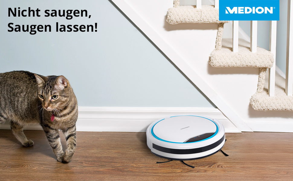 Робот-пилосос MEDION MD19900 з зарядною станцією: навігація, для твердих поверхонь (плитка, ламінат), видалення шерсті тварин, пульт ДК, до 90 хвилин роботи