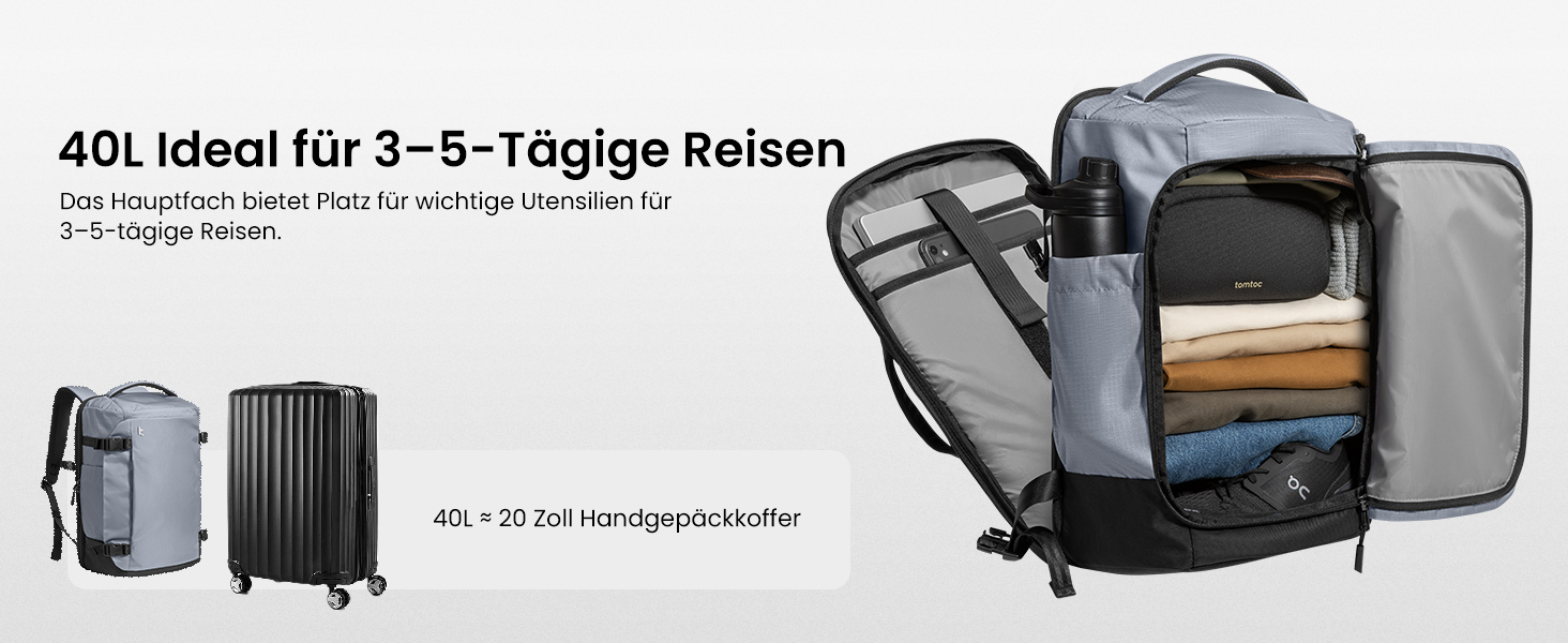 Дорожній рюкзак tomtoc 28L/40L для подорожей та перельотів, TSA-сумісна ручна поклажа, сірий Ripstop