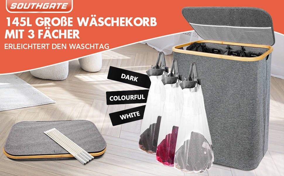 Кошик для білизни Southgate 145L з 3 відділеннями та кришкою, сірий