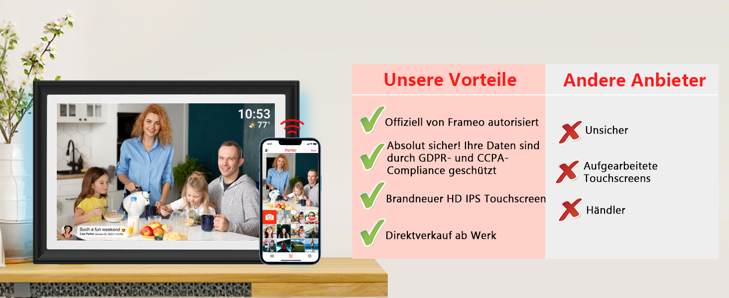 FRAMEO Цифровий фоторамка 15.6 дюймів WiFi, FHD 1920x1080, 32GB, IPS сенсорний екран, автоповорот, кріплення на стіну. Діліться фото та відео через додаток FRAMEO