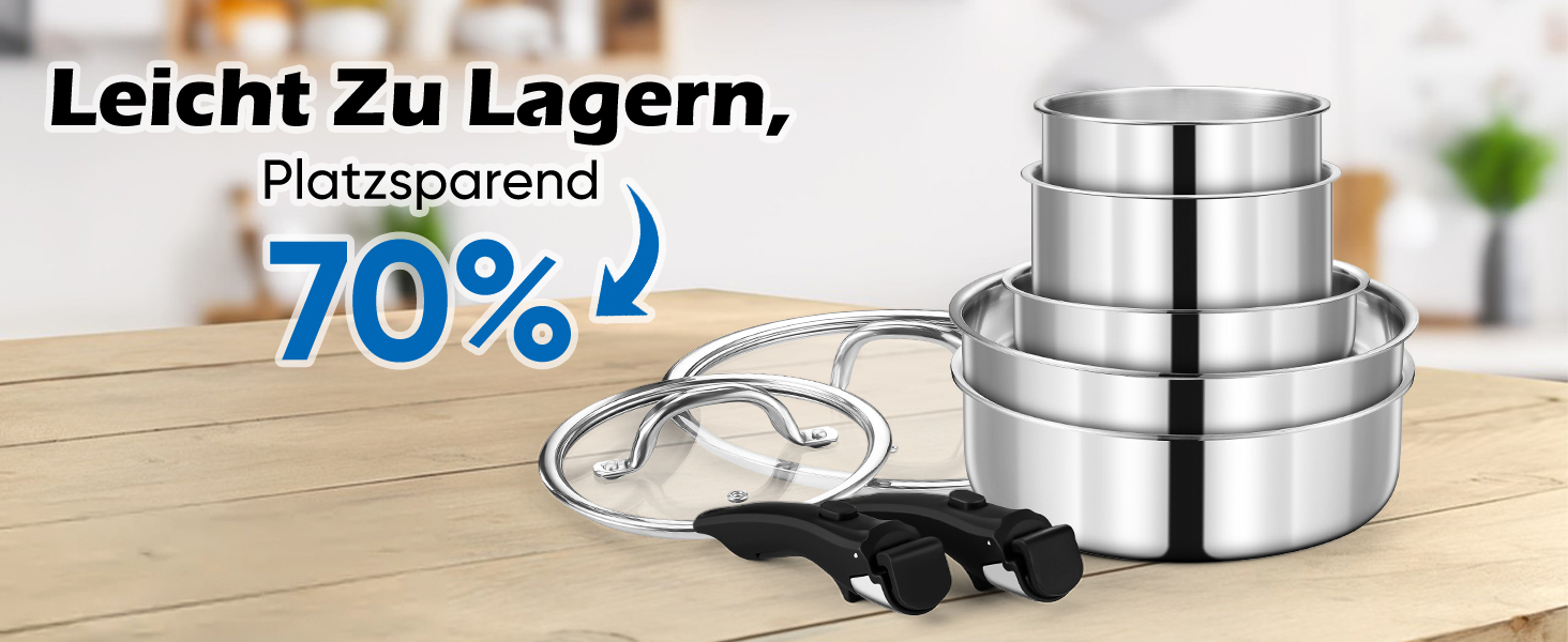 Набір каструль Joyfair, 9 предметів, з нержавіючої сталі, знімний ручка, для індукційних плит, сумісний з усіма типами плит, можна використовувати в духовці та мити в посудомийній машині