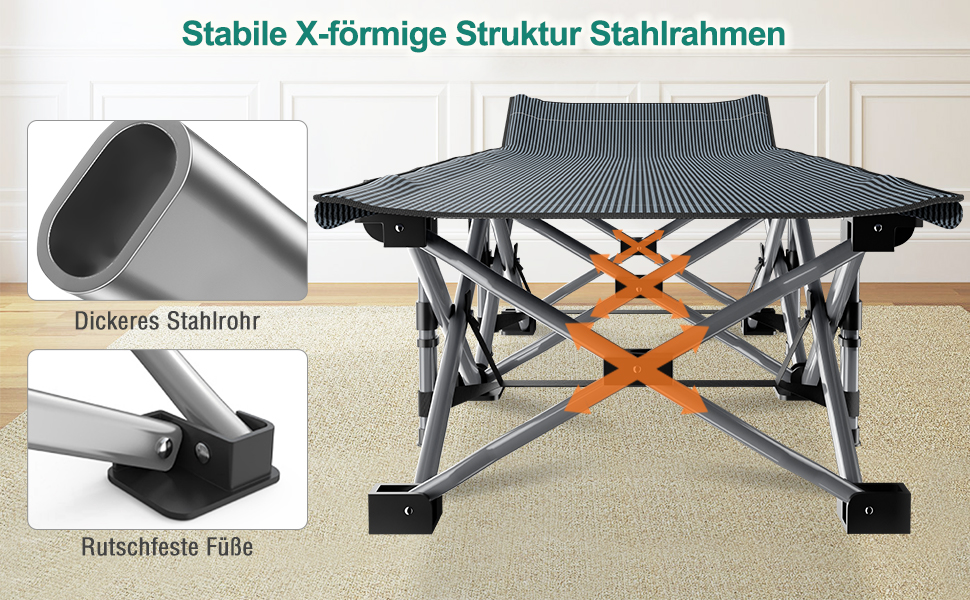 Розкладне кемпінгове ліжко з матрацом та кишенями, сталевий каркас, навантаження до 200 кг, 190x71x36 см, синій