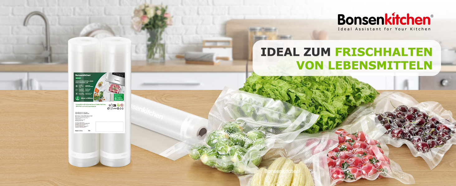 Рулони для вакуумного пакування Bonsenkitchen 28x600 см (2 шт.) - міцні пакети для вакууматора, харчові, для су-від, без BPA