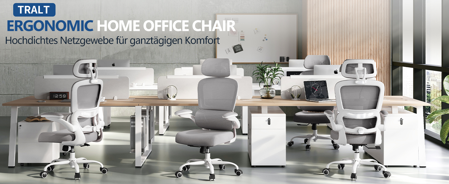 Ергономічне крісло TRALT для офісу з регульованою підтримкою попереку та підголівником. Ігрове крісло, офісне крісло для дому та офісу. Максимальне навантаження 150 кг, сірого кольору.