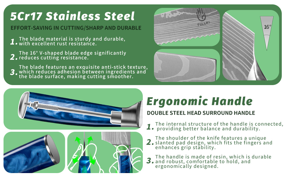 Набір кухонних ножів Fullhi 14 предметів з бруском, набір кухонних ножів, ножі для стейку, кольорова ручка, подарунок для чоловіків та жінок (блакита смола, 14 шт.)