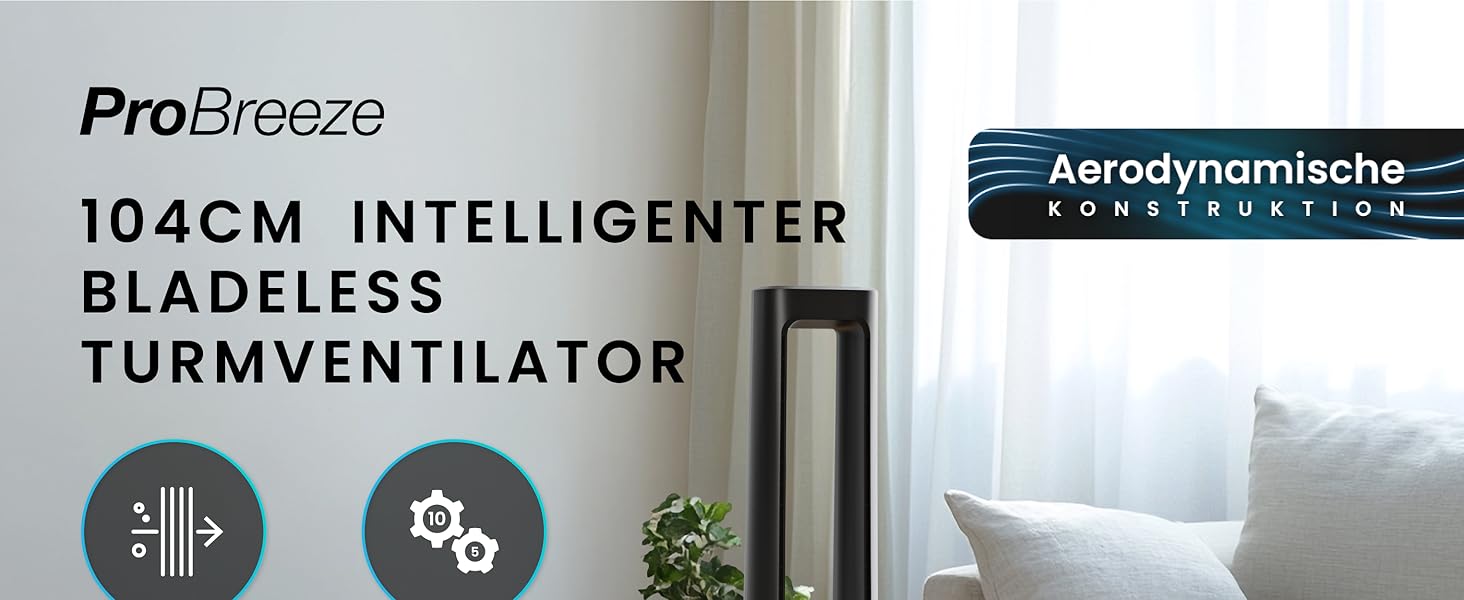 Вентилятор Pro Breeze OmniAir з очищувачем повітря, 105 см - безлопасний, осциляція 75°, пульт, HEPA 13, LED дисплей, 10 швидкостей, тихий, 5 режимів, Smart App, чорний