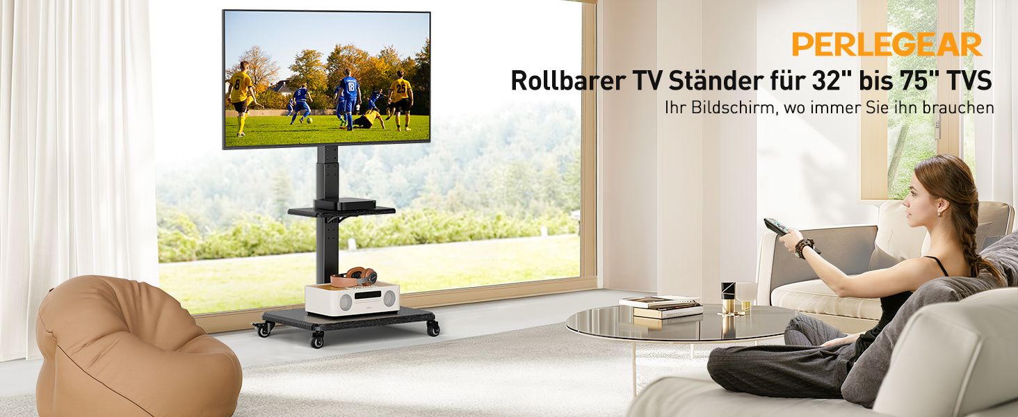 Підставка для телевізора Perlegear на коліщатках, 32-75 дюймів, до 50 кг, регульована по висоті, поворотна, нахильна, з підсвічуванням, VESA 600x400 мм, PGTVMC27