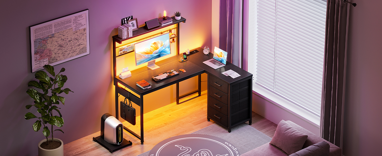 Ігровий стіл Coleshome з LED підсвіткою, 110x80 см: реверсивний, з шухлядами та розетками, кутовий стіл з полицею та місцем для зберігання