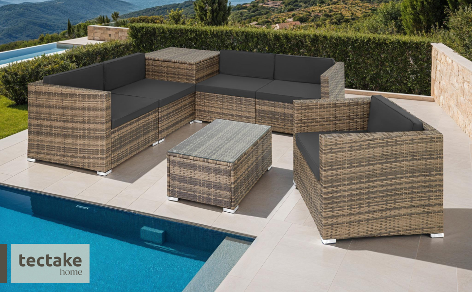 Набір садово-розсувний меблів tectake з коробкою для зберігання подушок, стіл зі скляною стільницею, ротанговий лаунж для саду та балкону | 403725