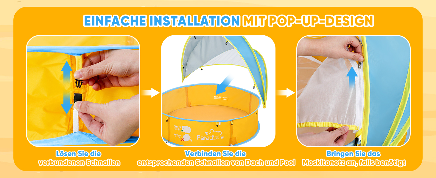 Дитяче басейн-тент Peradix 4-в-1 з UV захистом, басейн з кульками, москітна сітка, ігровий намет для дітей, літній басейн для ігор (блакитно-жовтий)