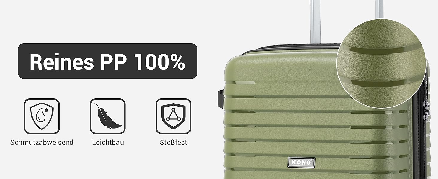 Чемодан KONO середнього розміру з жорсткою обшивкою, PP, з 4 колесами, розширюваний, легкий, з тримачем для напоїв та TSA замком (Зелений, L)