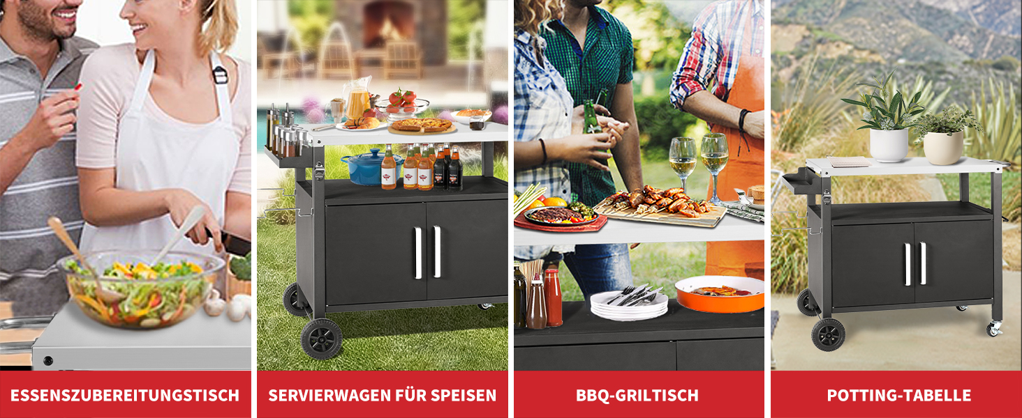 Набір для гриля з великою робочою поверхнею | Гриль-стіл, вуличний гриль-тролей, стіл з нержавіючої сталі для саду, срібно-чорний 112*59*82см