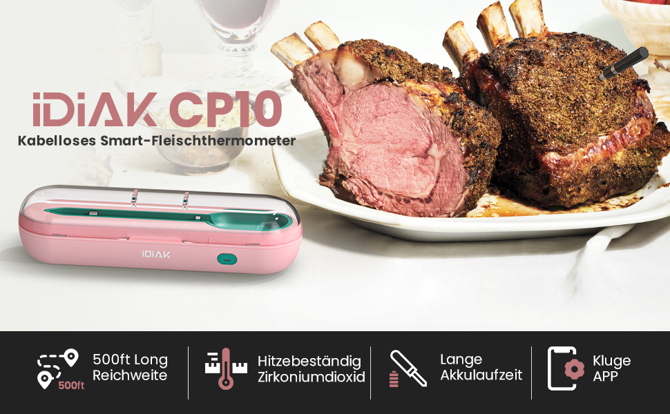 Бездротовий термометр для м'яса для гриля та копчення, 500FT, розумний датчик температури для BBQ, духовки, гриля, коптильні, Sous Vide (рожевий)