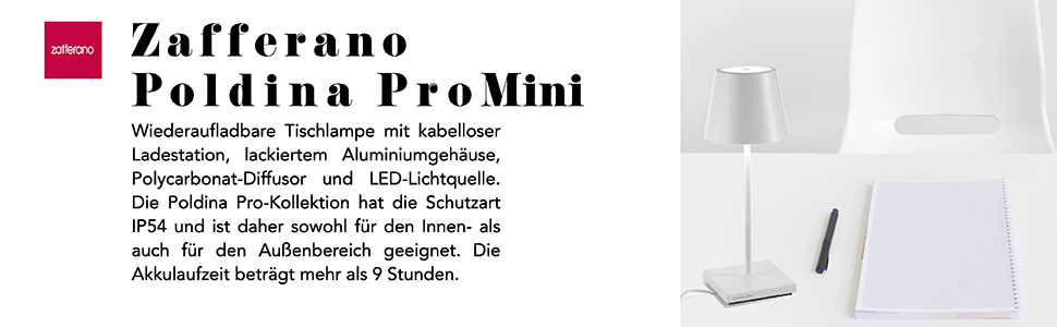 Zafferano Poldina Pro Mini – бездротова LED-лампа для дому та саду, білий колір, сенсорне керування, регулювання яскравості, 30 см, з зарядним пристроєм