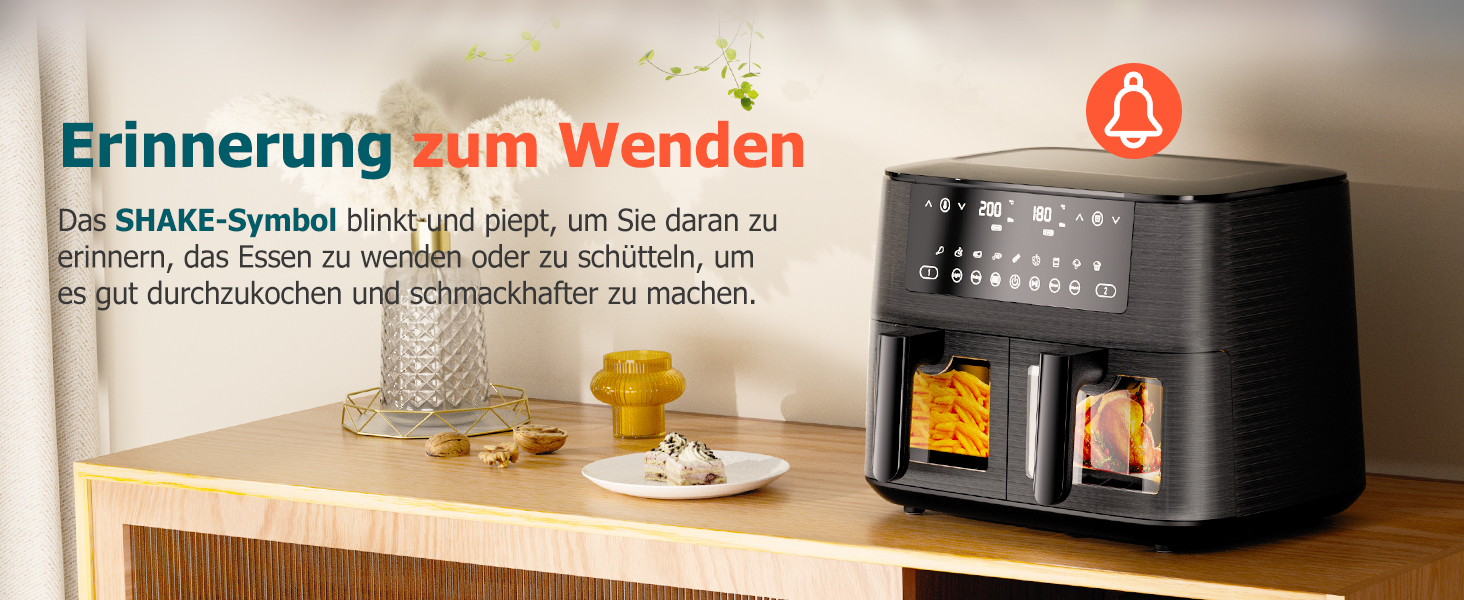 Фритюрниця повітряна з 2 камерами та скляним вікном, 9л, 9-в-1, сенсорний дисплей, кошики, що миються, антипригарне покриття, здорова фритюрниця без олії