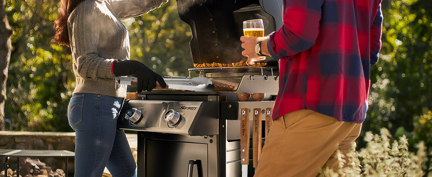 Набір гриль-посуду Onlyfire 4 шт. з нержавіючої сталі та акації (щипці, лопатка, виделка, щітка)