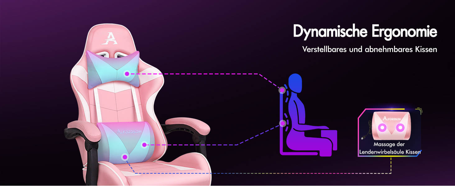 Ігровий крісло Alfordson з регульованою підніжкою, 8 точками масажу, нахилом 150°, PU-шкіра, чорний (Eryx - Рожевий, серія Eryx)