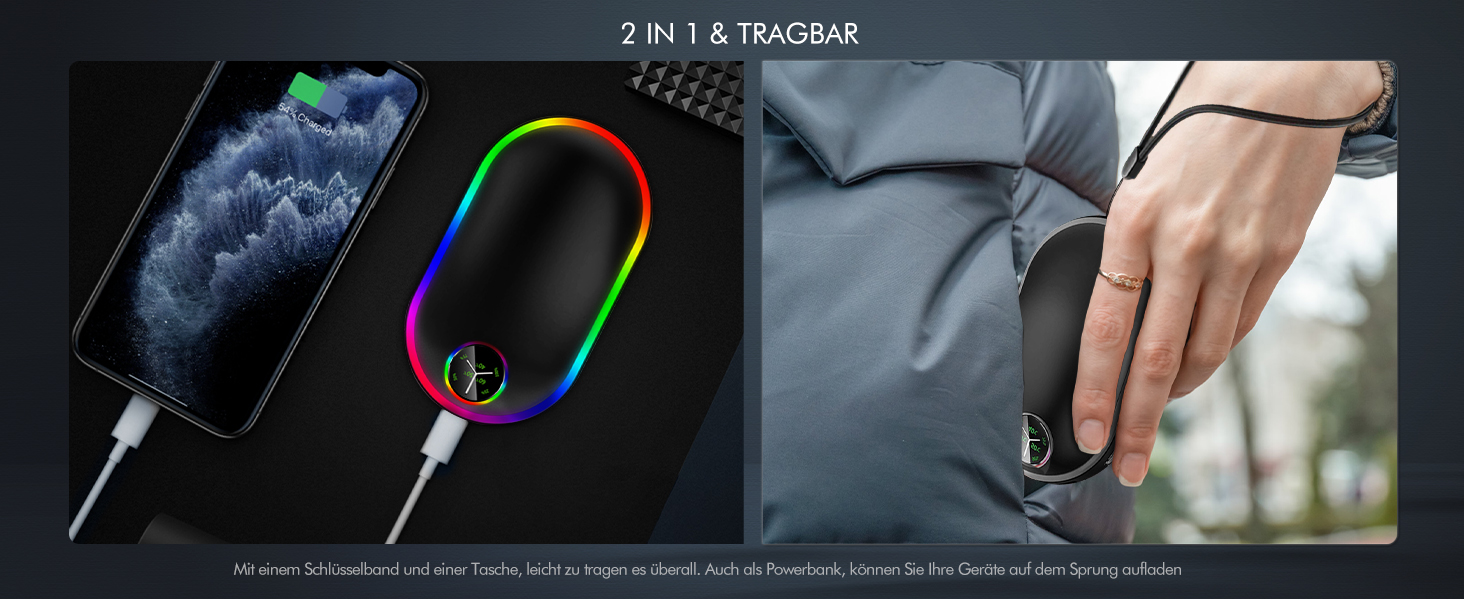 Електричний підігрівач для рук 10000mAh з підсвічуванням (7 кольорів), перезаряджуваний, портативний, чорний - ідеальний зимовий подарунок для чоловіків та жінок