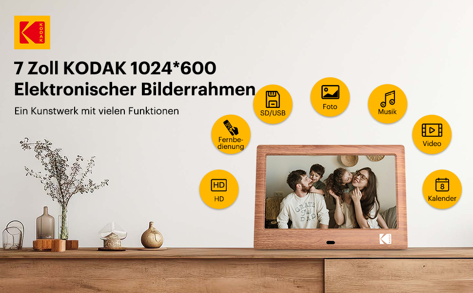 Цифровий фотоальбом Kodak 7 дюймів з IPS екраном, підтримка USB/SD, відтворення фото/музики/відео, календар, будильник, з пультом керування (дерево)