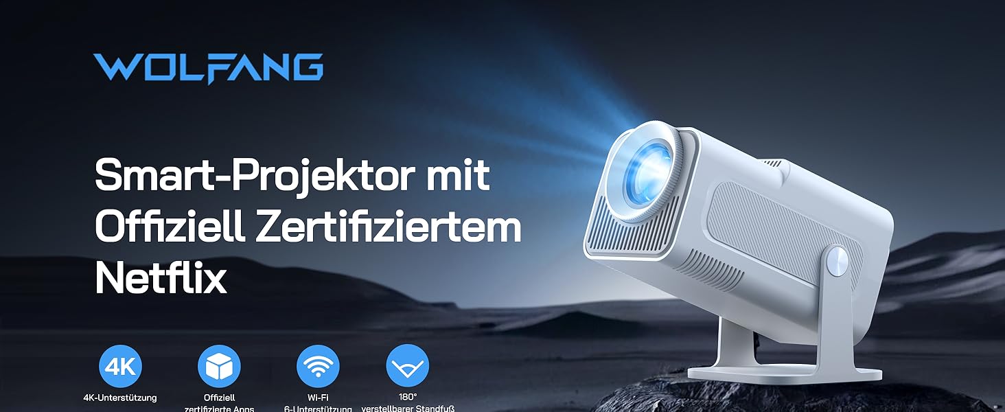 WOLFANG Міні проєктор 4K з Netflix, 26000 люмен, WiFi 6, Smart, 50% Zoom, 180° обертання, сумісний з TV Stick, iOS, Android, PC, PS5, HDMI, AV