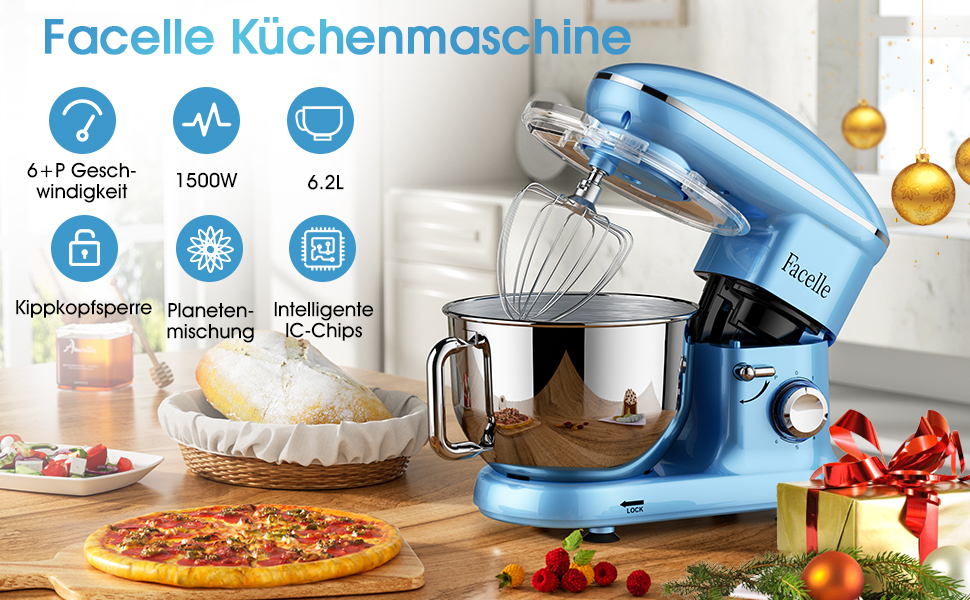 Кухонна машина Facelle 1500W з нержавіючою чашею 6.2L, 6 швидкостей, комплект насадок (блакитна)