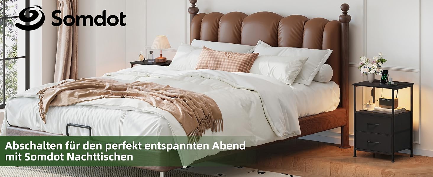 Нічний столик Somdot з підзарядкою, LED, розеткою (USB, Type-C) для спальні, вітальні, дитячої кімнати, чорного кольору, 30x40x60 см (2 висувні ящики)