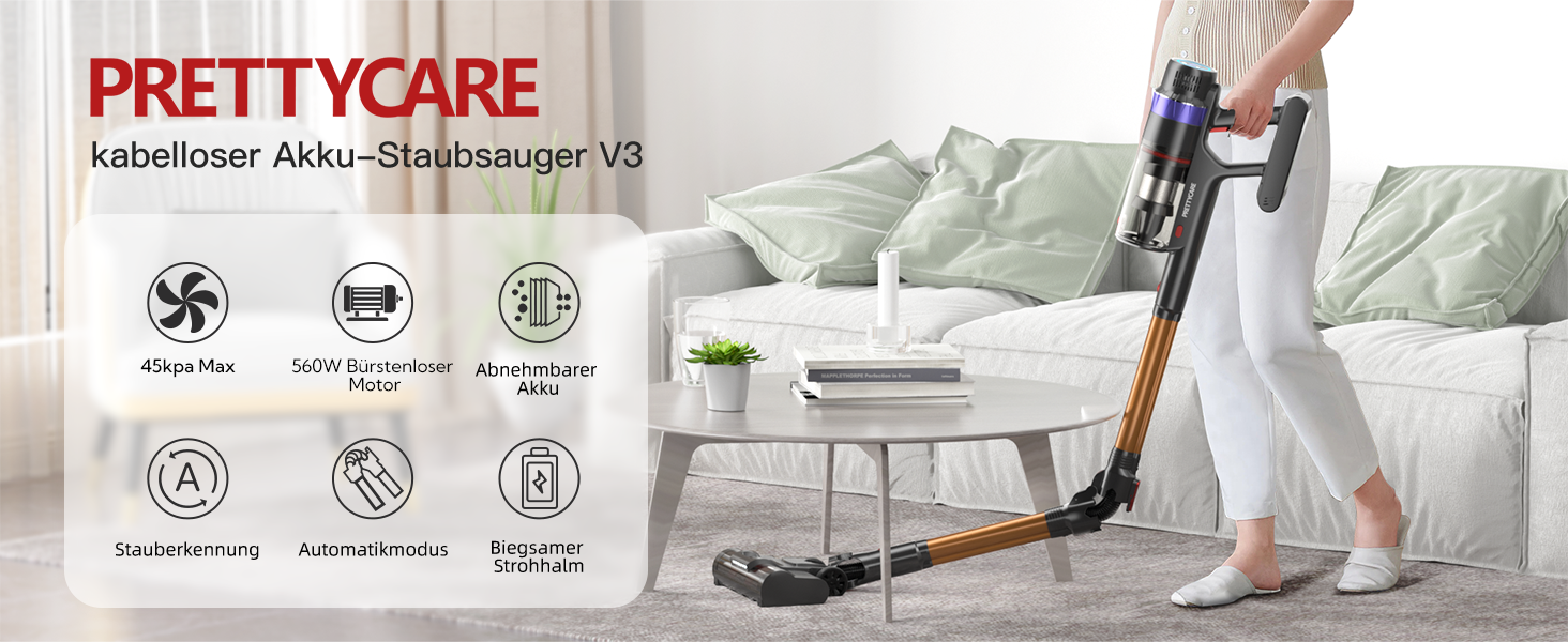 Акумуляторний пилосос PRETTYCARE 45KPA/560W бездротовий з LED дисплеєм та антизаплутана щітка, 60 хв авто-режим, для тварин, килимів та твердих поверхонь V3