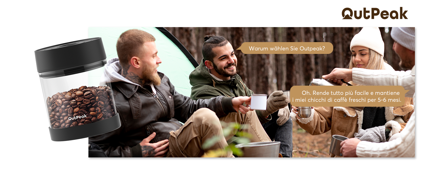 OUTPEAK Neo 2025 Kilo Auto-Vakuum-Kaffeedose: Герметичний контейнер для кави на 1,5 л (500 г) з автоматичним вакуумом, нержавіюча сталь, для бариста, подарунок (великий, матовий чорний) (G750)