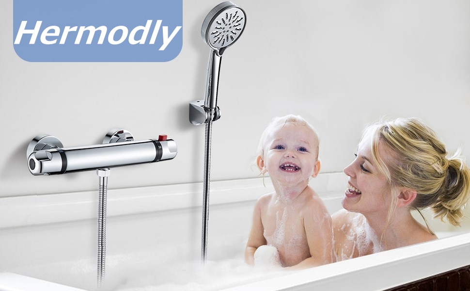 Змішувач для ванни з термостатом, накладний, хром, латунь, з кнопкою безпеки 38°C, для ванни, душ